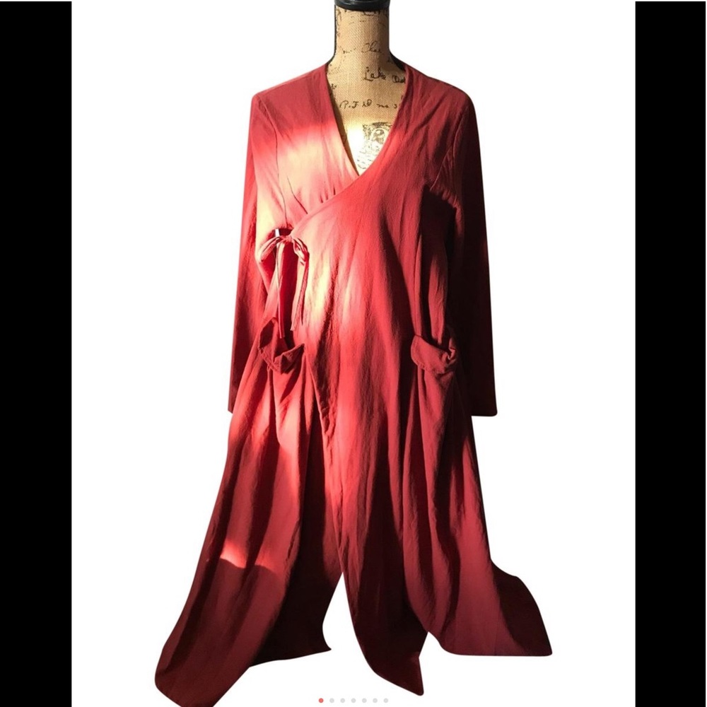 Maxi kimono wrap cotton/ poly blend clay red duster coat. Unique.